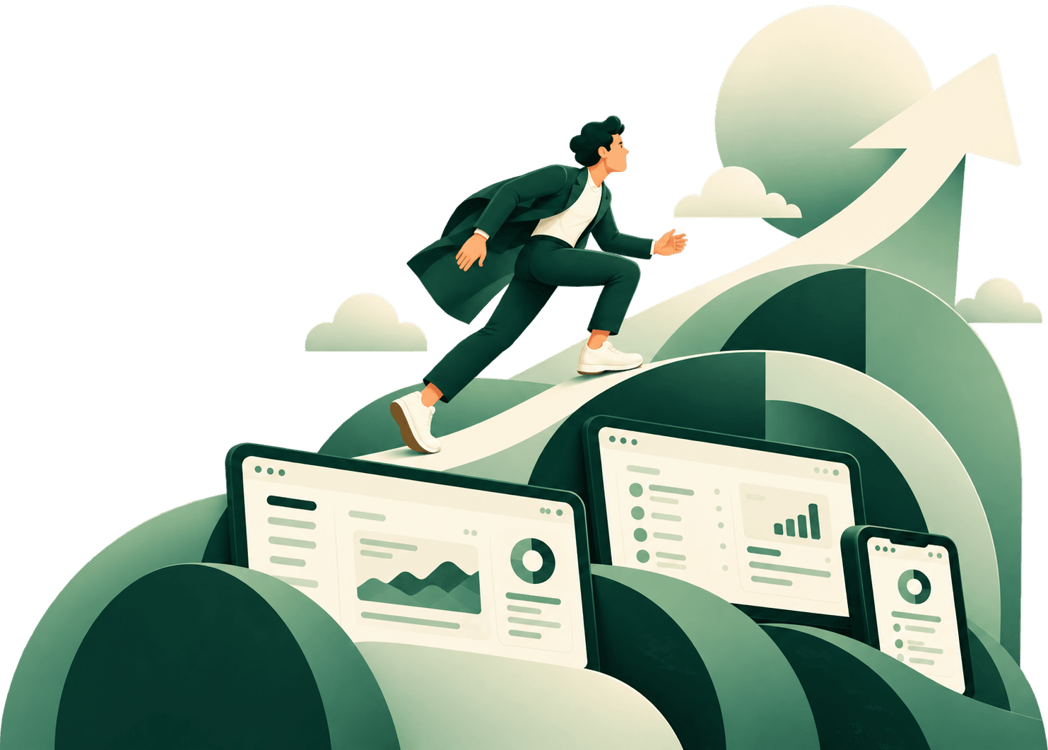 A person moving upward past digital product dashboards